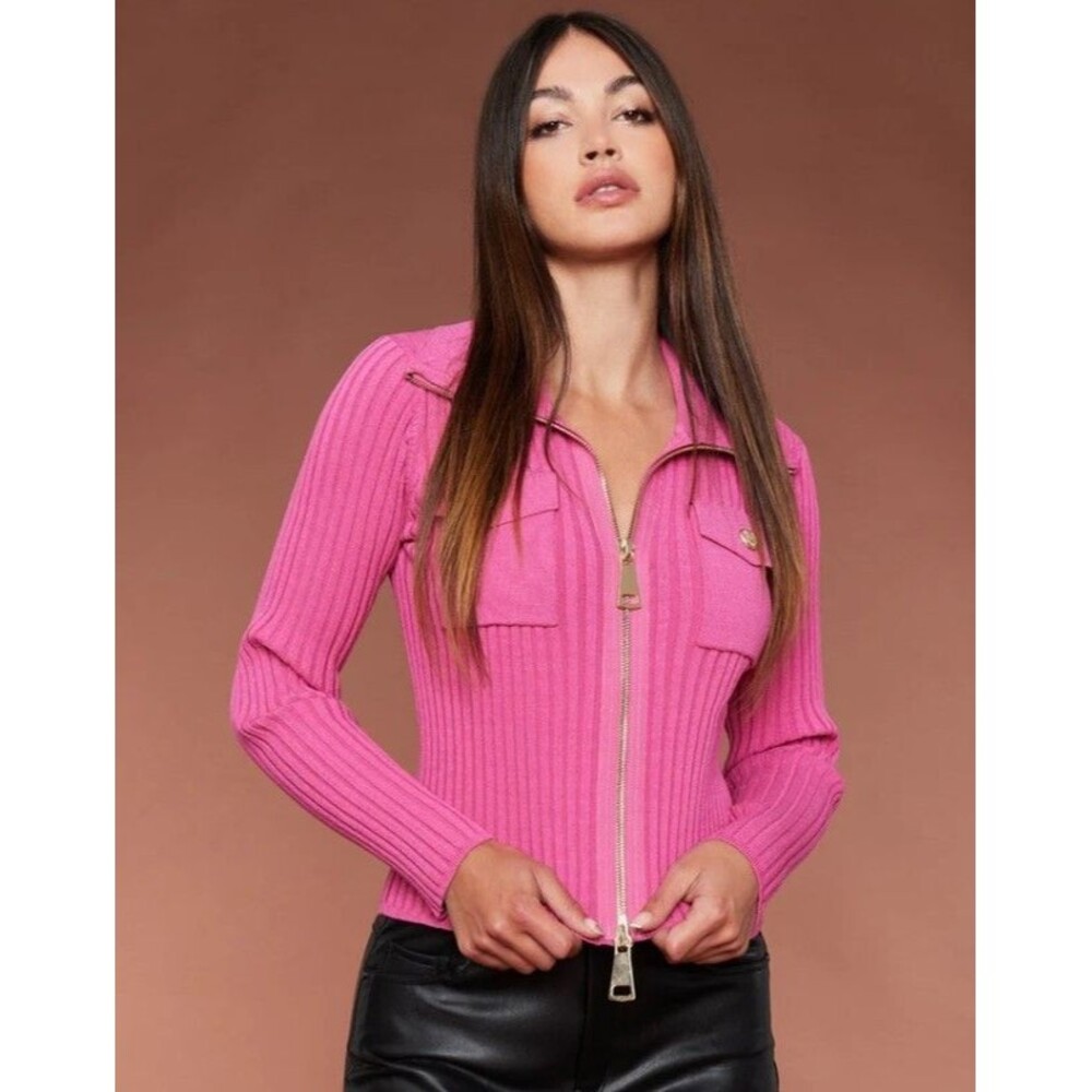 Oolala Front Rib Knit Sweater Pink 2 Way Zip Fitted Stretchy Retail $298 Size XS